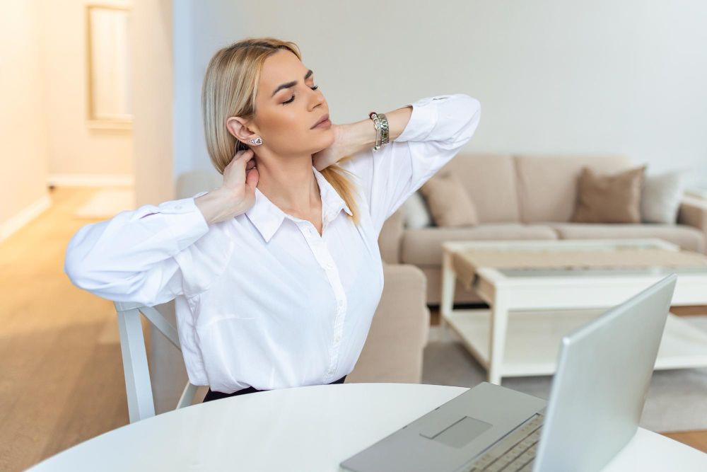 Businesswoman feeling pain in neck after sitting at the table with laptop Tired female suffering of office syndrome because of long hours computer work Pretty girl massaging her tense neck muscles