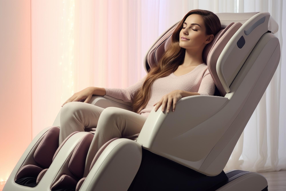 Introduces the comfort and stressrelief abilities of modern massage chairs