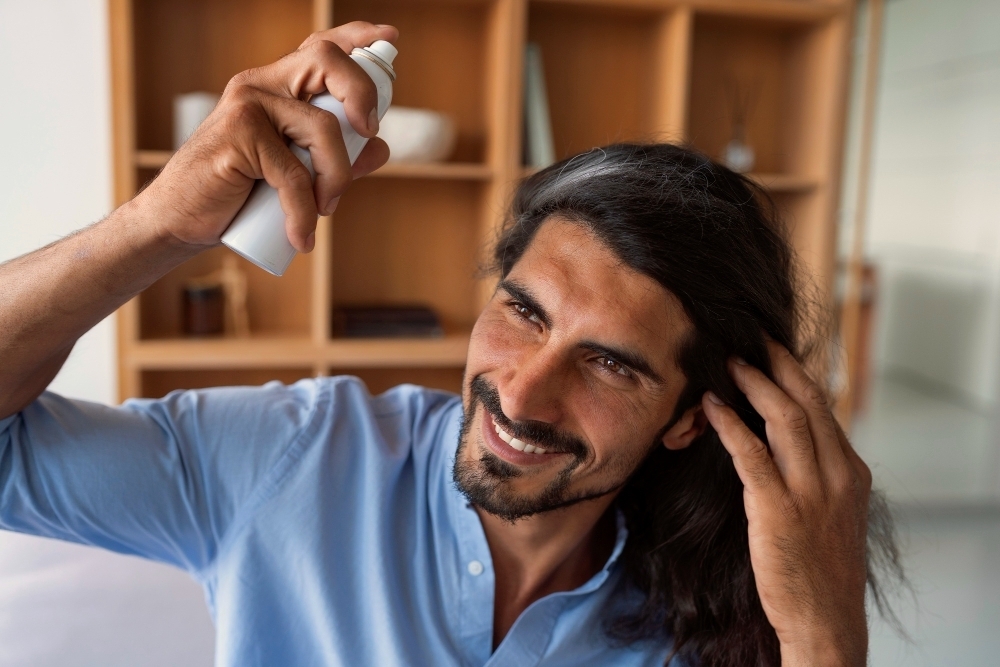 Medium shot man using dry shampoo at home