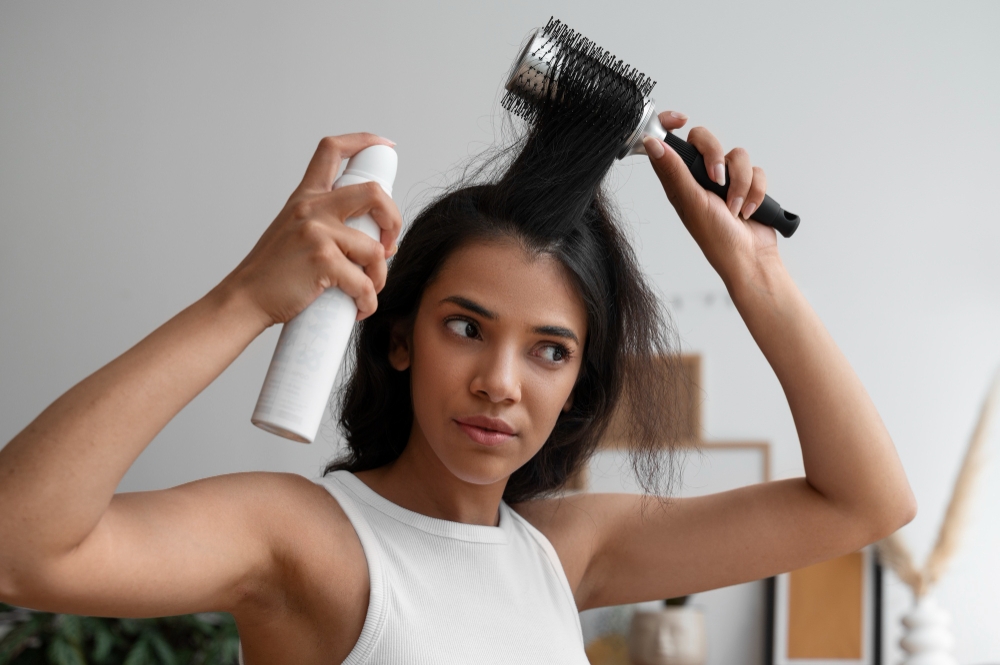 Medium shot woman using dry shampoo at home