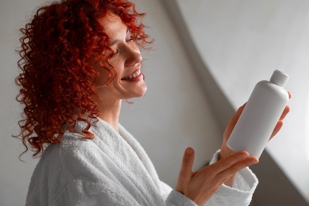 Medium shot young woman with curly hair holding leave in conditioner bottle