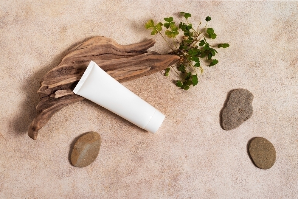 Still life of beauty products based on regenerative agriculture