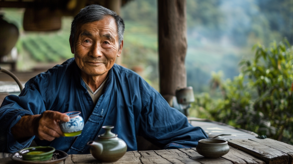 kinesisk man dricker gront te