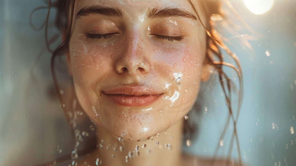 kvinna med ansiktsvatten i ansiktet