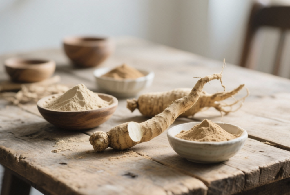 maca root powders on wooden table