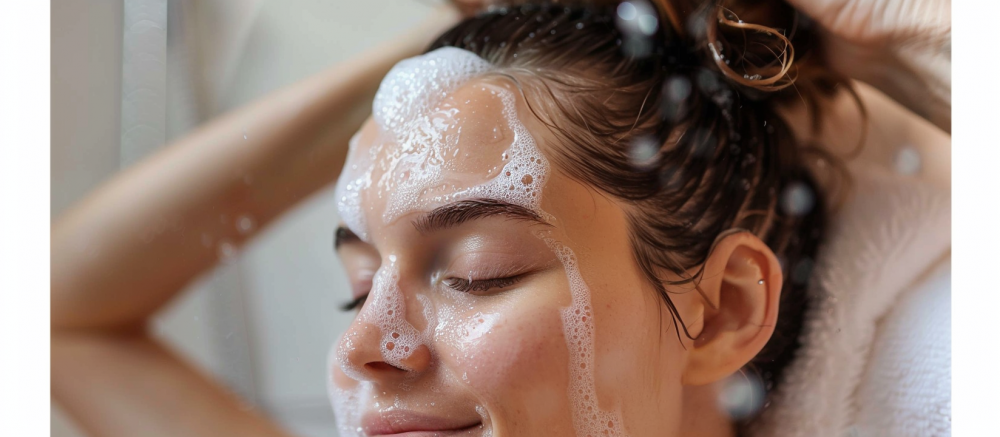 tjej tvattar haret med sulfatfritt schampo